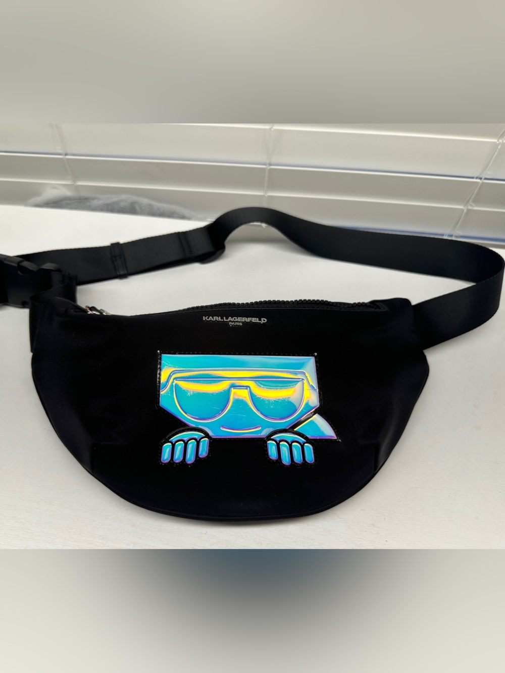 Karl Lagerfeld Black Fanny Pack with Iridescent Multicolor Graphic